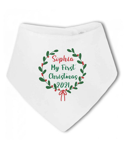 Simply Wallart Personalised My First Christmas Holly Wreath - Baby Bandana Bib, White, One Size