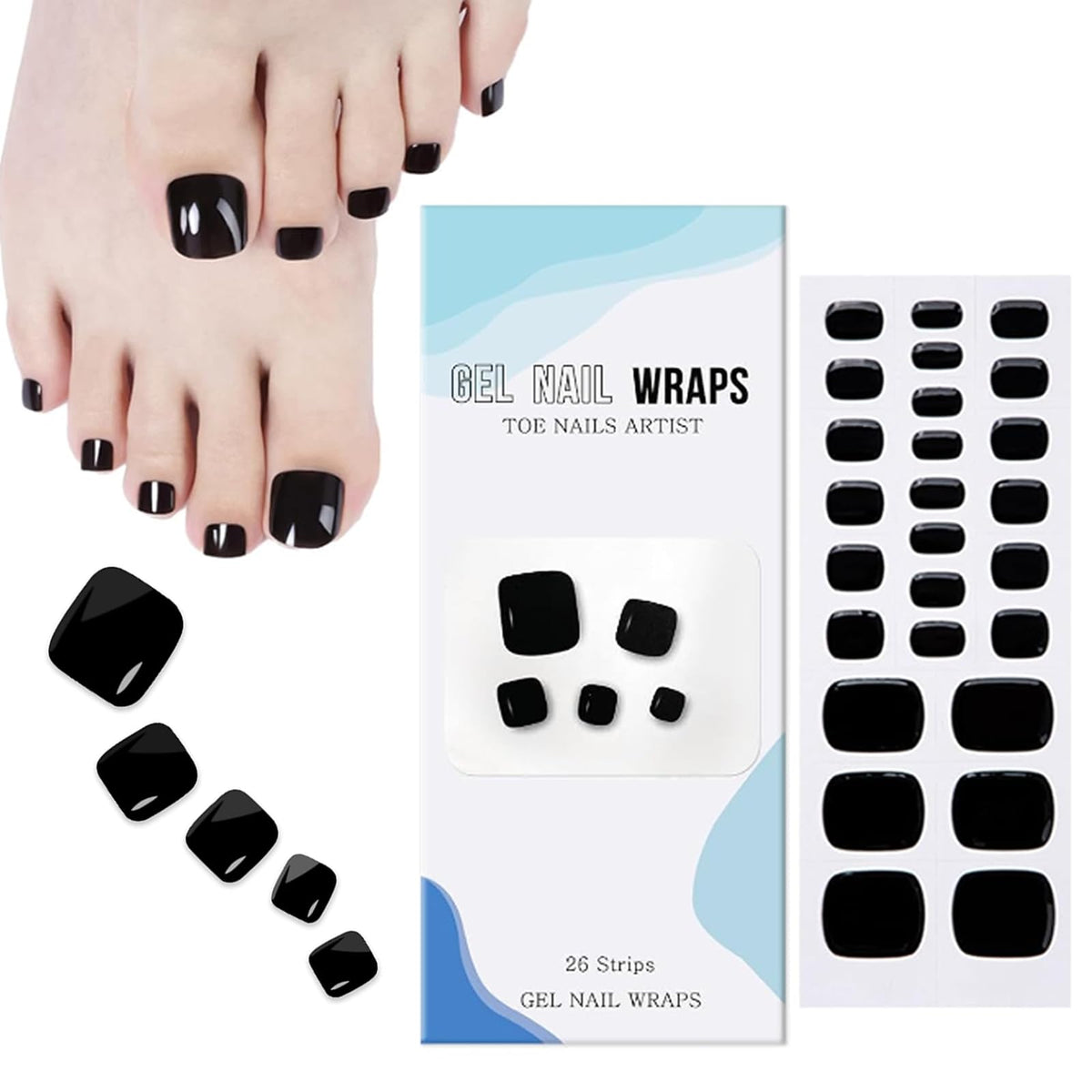 26Pcs Semi Cured Gel Nail Strips - Black Semi Cured Gel Toenail Polish Strips - Self-Adhesive Gel Toenail Sticker Easy Apply & Remove for - Semi Cured Gel Toenail Wrap UV/LED Lamp Required (Black)