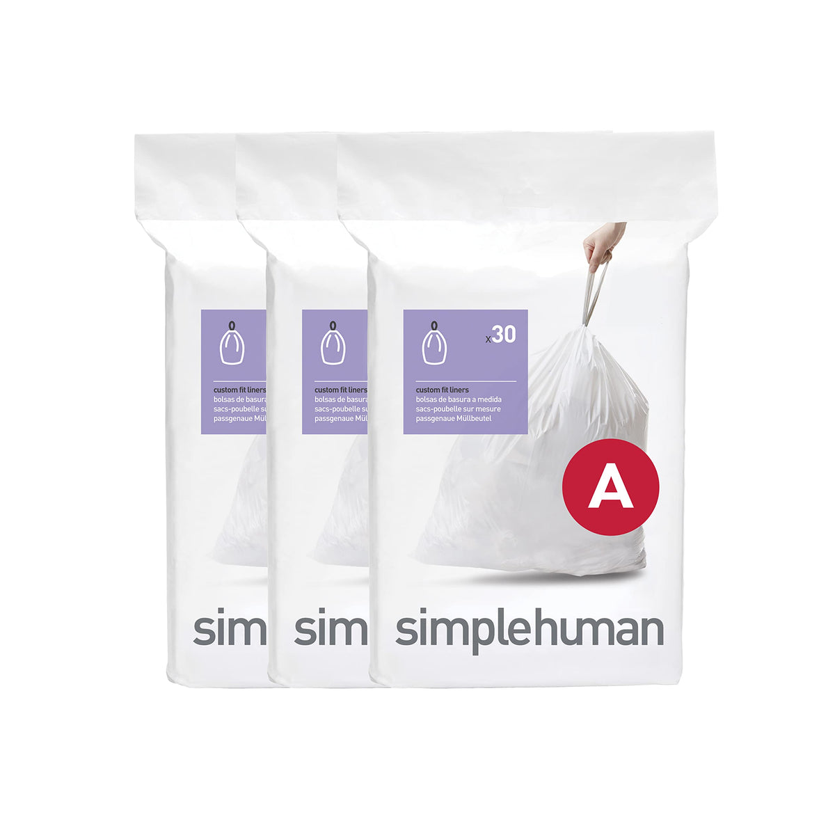 simplehuman CW0250 code A Custom Fit Bin Liner Bulk Pack, White Plastic (3 Pack of 30, Total 90 Liners)