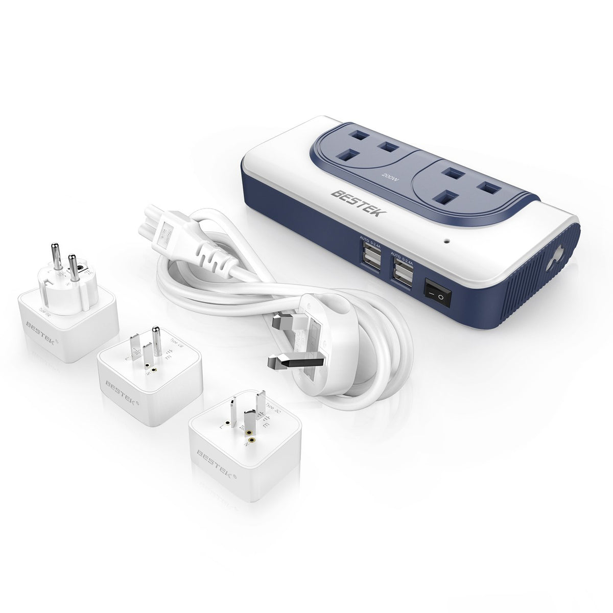 BESTEK Voltage Converter 110V to 230V Step Up Transformer with 4-Port USB Charging US/EU/AU Adapter UK to US Travel Charger, White-Blue