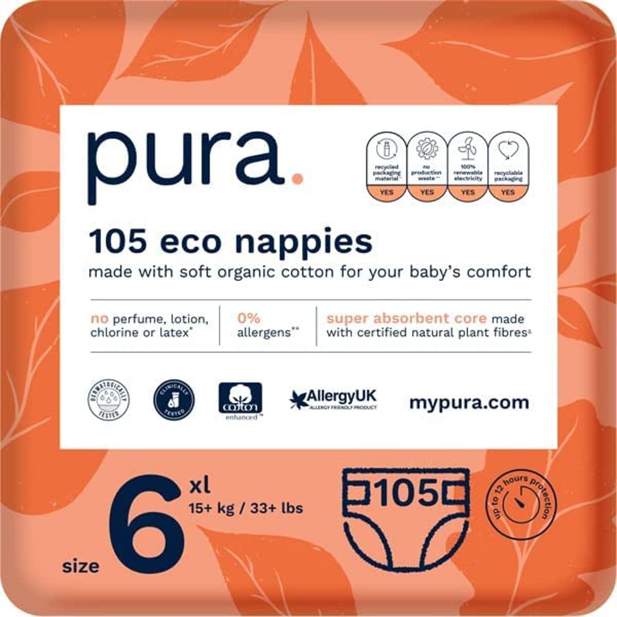 Pura Baby Nappies Size 6 (XL 15kg+ / 33+ lbs) Monthly Pack 5 x 21 per pack, 105 Nappies, Toddler, Allergy UK Approved Made with Organic Cotton, up to 12 hour Leakage Protection