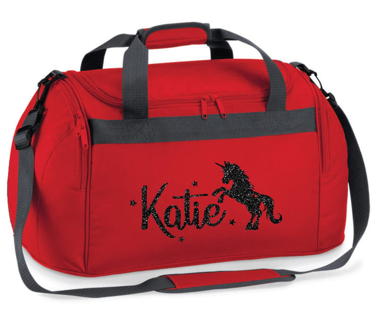 Childrens Personalised Glitter Unicorn Holdall Horse Riding Bag Kit Gift, Hot Lava Red/Black Glitter Print