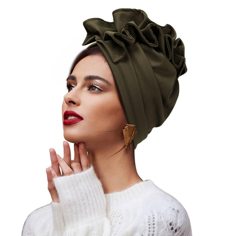 Women Turbans and Head Wraps, Skull-Caps, African Turban Flower Knot Pre-Tied Bonnet Beanie Cap for Women (Army Green)