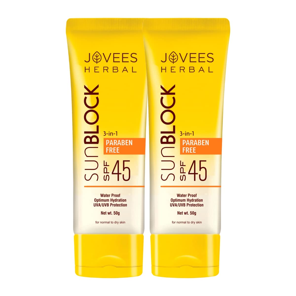 Jovees Herbal Sun Block Sunscreen SPF 45 | For Dry Skin | Water Proof, UVA/UVB Protection, Moisturization| Paraben and Alcohol Free | For Women/Men 50 G (Pack of 2)