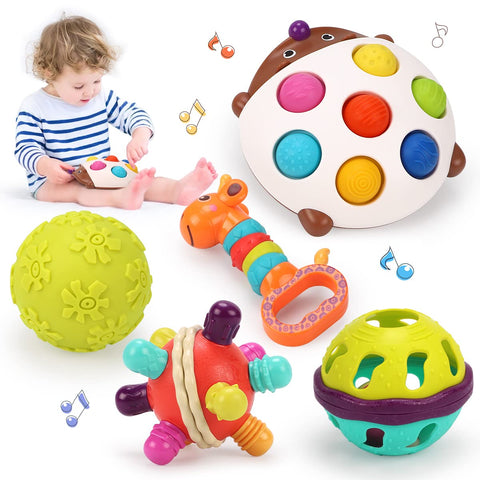 REMOKING 5PCS Baby Sensory Toys,Montessori Toys for Baby 6-12 Months,Sensory Balls&Silicone Dimple Toy&Rattle for Toddler Early Education,Gifts for Newborn Infant Boys Girls 3 6 9 12 18 Months