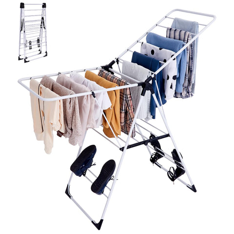 COSTWAY Folding Clothes Drying Rack, 2-Level Winged Clothes Airer Dryer Hanger with Height-Adjustable Gullwing and Shoe Holder, Freestanding Steel Laundry Rack Stand for Indoor Outdoor Use