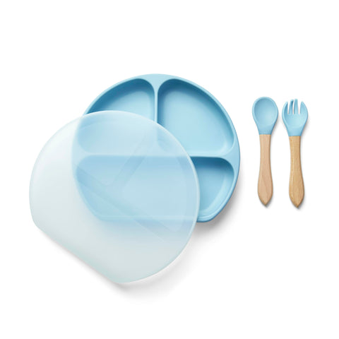 Baby Suction Plate with Lid - Toddler Plates with Strong Suction | BPA-Free Silicone Baby Plate | Easy Clean-up | Ideal for Baby-Led Weaning (Dusky Blue)