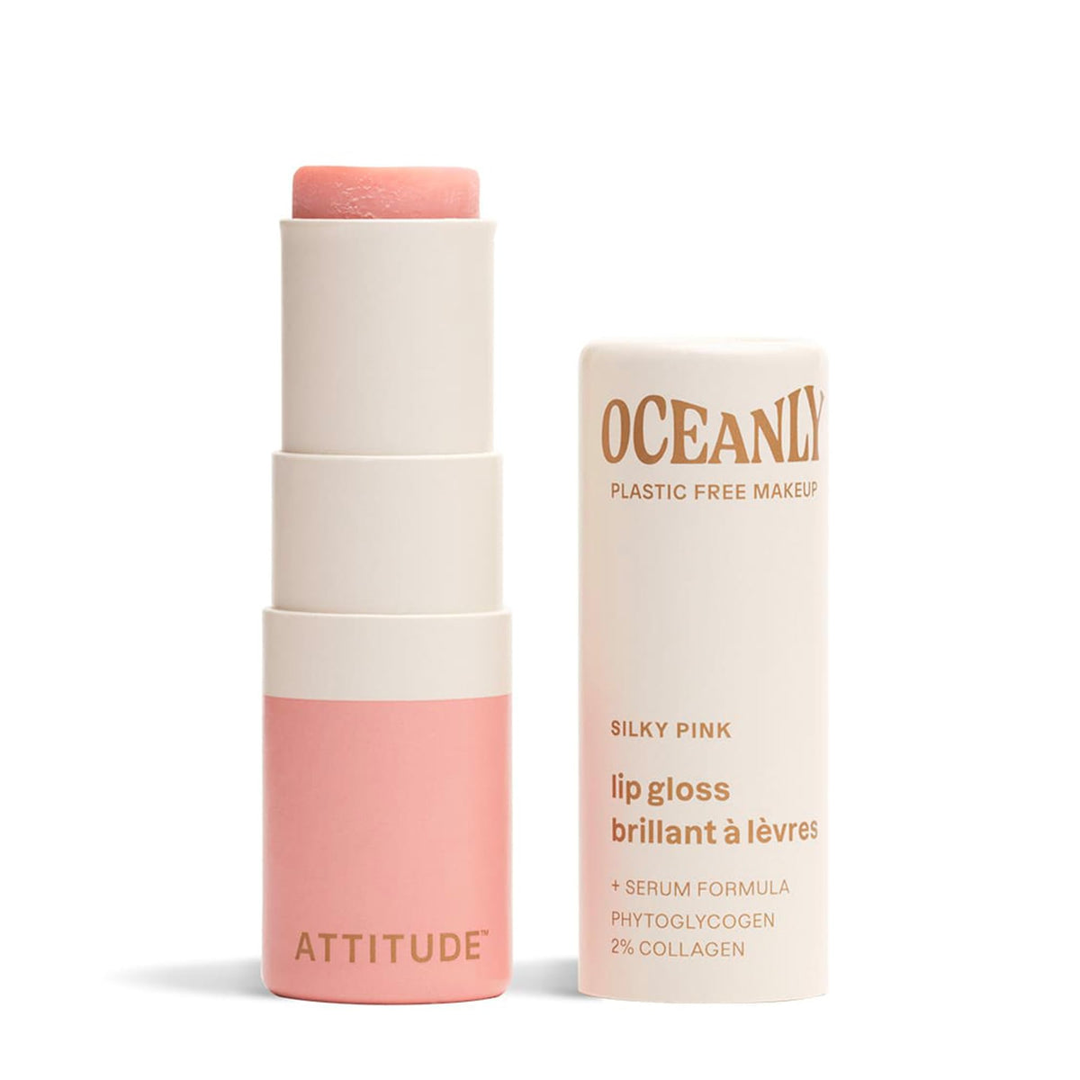 ATTITUDE Oceanly Sheer Lip Gloss Stick, EWG Verified, Titanium Dioxide-Free, Vegan Makeup & Beauty, Cruelty-Free, Plastic-Free, Silky Pink, 0.12 Ounces