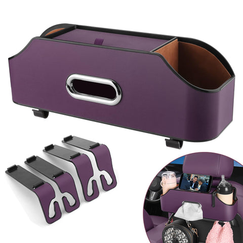 Car Seat Back Organizer - Stylish & Functional Storage for Family Adventures - Cup Holders, Tissue Box & Hooks - Perfect for Kids, Road Trips & Travel (Purple)