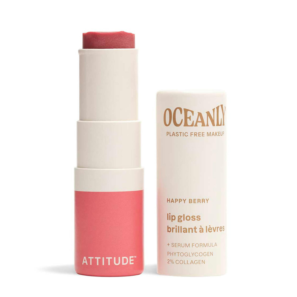 ATTITUDE Oceanly Sheer Lip Gloss Stick, EWG Verified, Titanium Dioxide-Free, Vegan Makeup & Beauty, Plastic-Free, Happy Berry, 3.4 grams