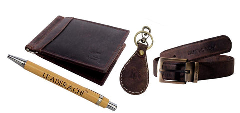 LEADERACHI Hunter Leather RFID Blocking Money Clip Wallet and Leather Waist Belt with Hunter Leather Key Ring and Wooden Pen Combo Box for Men