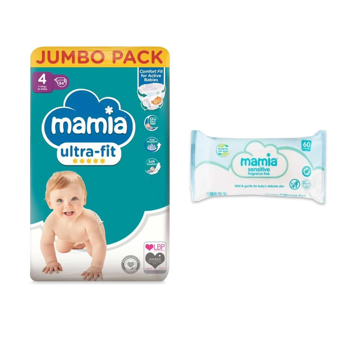 Mamia Size 4 Nappies Jumbo 84 Pack + 60 Fragrance Free Baby Wipes