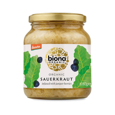 Biona Organic Sauerkraut 680g - Infused with Juniper Berries - Naturally Fermented Organic White Cabbage - Pasteurised - High in Protein, Naturally Vegan - No Additives