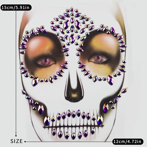 Day of the Dead Skull Face Gems Tattoo Sticker Purple Halloween Rhinestone Face Tattoo for Women Girl, Skeleton Face Stickers Face Jewels Stick on Face Rhinestone for Makeup dia de los muertos 1PCS