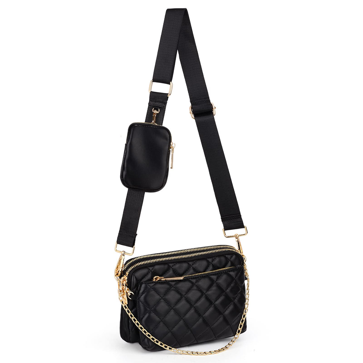 UTO Crossbody Bags for Women Multipurpose Ladies Shoulder Handbags Separable Golden Chain Strap Small Pouch Faux Leather Black Checked