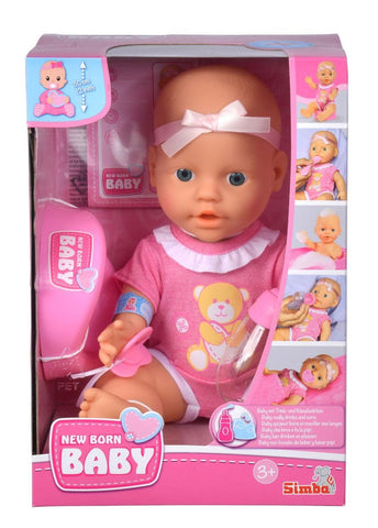 Simba 105030069 New Born Baby Doll, Full Vinyl Doll with Drinking and Wet Function, with Birth Certificate and Accessories, 4 Pieces, 30 cm, Baby Doll, from 3 Years