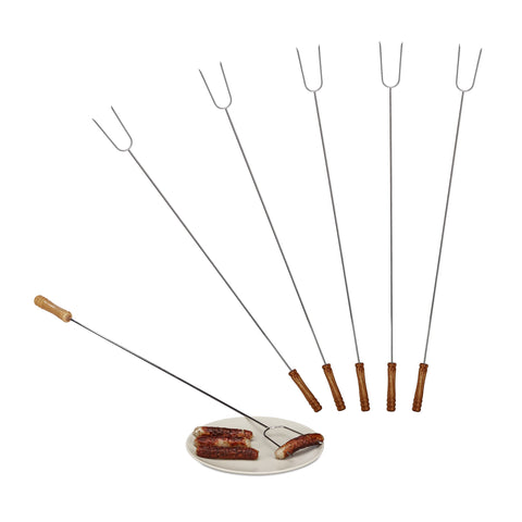 Relaxdays Meat Skewers Set of 6, Wooden Handle, Secure, Campfire, Universal, 80 cm Long, Stainless Steel, Silver/Natural