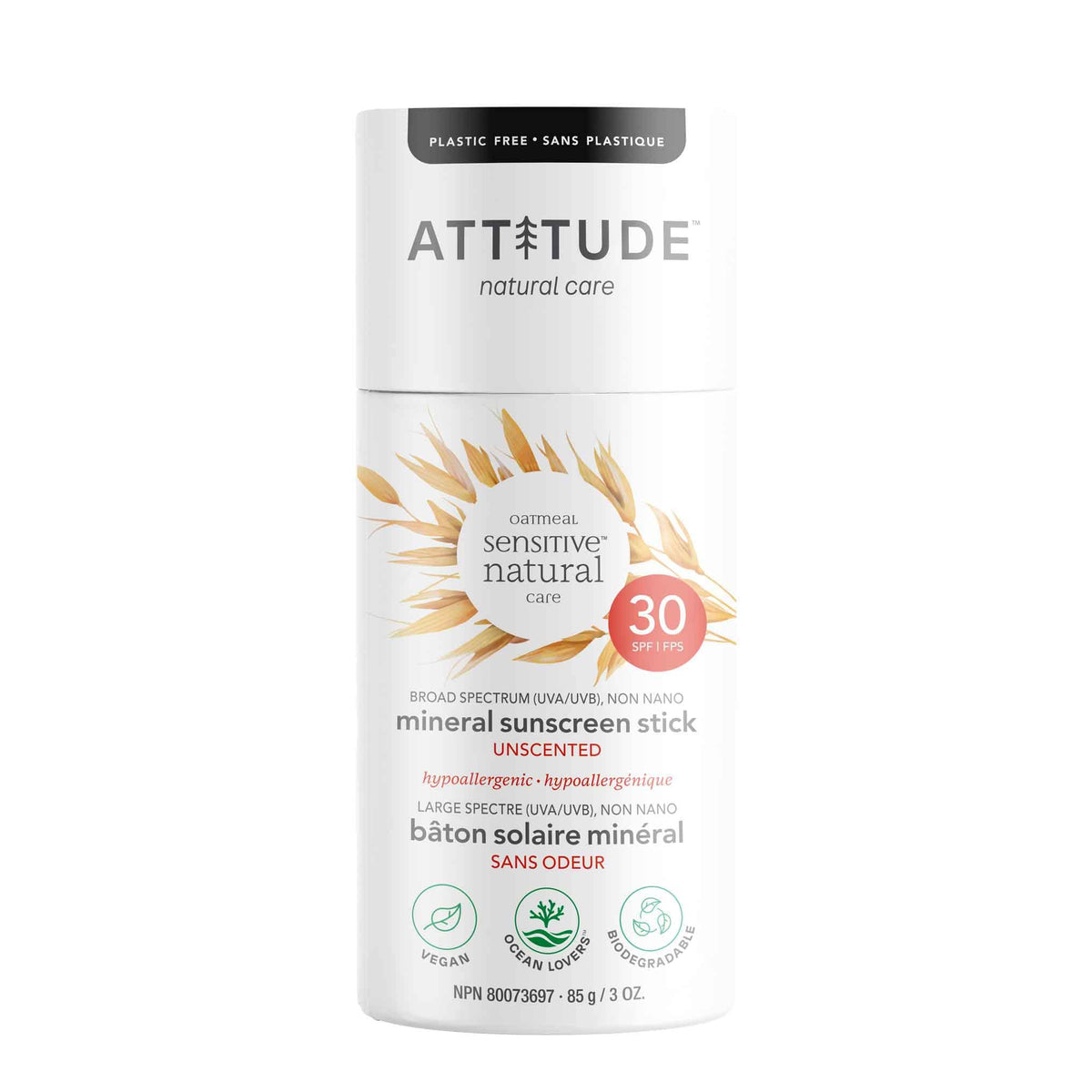 ATTITUDE Plastic-Free Mineral Sunscreen Stick for Sensitive Skin, Broad Spectrum UVA/UVB with Zinc Oxide, Hypoallergenic, Vegan and Cruelty-free, SPF 30, 3 Ounces