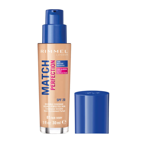 Rimmel Match Perfection Foundation 081 Fair Ivory, Medium Coverage, 24hr Hydration, No Caking or Creasing, Lightweight, Reduces Imperfections, Invisible Coverage, SPF20, Cruelty Free