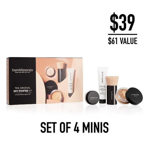 bareMinerals Original Get Started Kit, 4 Piece Mini Mineral Makeup Includes Original Loose Foundation, Face Primer, Setting Powder, Brush, Travel Sizes, Must-Have Kit, Vegan