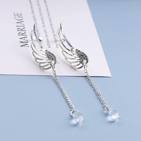 Yheakne Boho Rhinestone Wing Ear Climbers Earrings Silver Crystal Drop Earring Chain Dangle Earrings Angel Wing Wrap Earrings Jewelry for Women and Girls Gifts