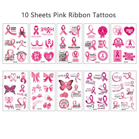 Pink Ribbon Temporary Tattoos Breast Cancer Awareness Tattoos Stickers for Women Girls, Breast Cancer Cheer Face Body Fake Tattoos Decals Waterproof Decoration Supplies for Party Favors 10 Sheets