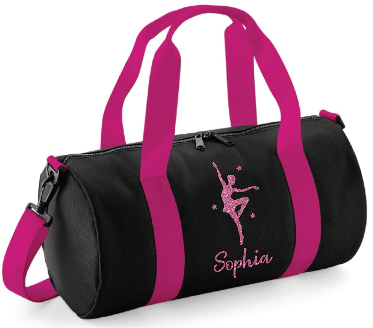 beyondsome Personalised Dance Barrel Bag Childrens Girls Glitter Ballet Dancing PE Gym Kit, Black and Fuchsia/Pink Glitter Print