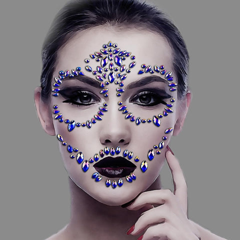 Day Of The Dead Skull Temporary Rhinestone Face Tattoo Sugar Skull Face Jewels Face Stickers Gems Scary Halloween Makeup Kit For Kids Girls Boys Adults Tattoo Stickers Families Party Supplies (Blue)