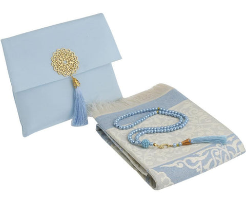 Prien Muslim Prayer Rug With Tasbih Beads and Portable Bag, Muslim Gift For Women Men, Mubarak Islamic Box, Soft Mat Gifts Set, Turkish Carpet For Ramadan, Eid, Hajj, Travel (Blue)