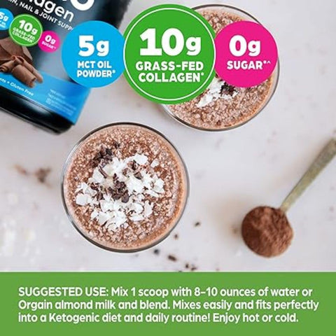 Orgain Keto Collagen Protein Powder, Chocolate - 10g Grass Fed Hydrolyzed Collagen Peptides Type 1 & 3, 10g Protein, 5g MCT Oil - Hair, Skin, Nail, & Joint Support, Gluten Free, Paleo - 0.88lb