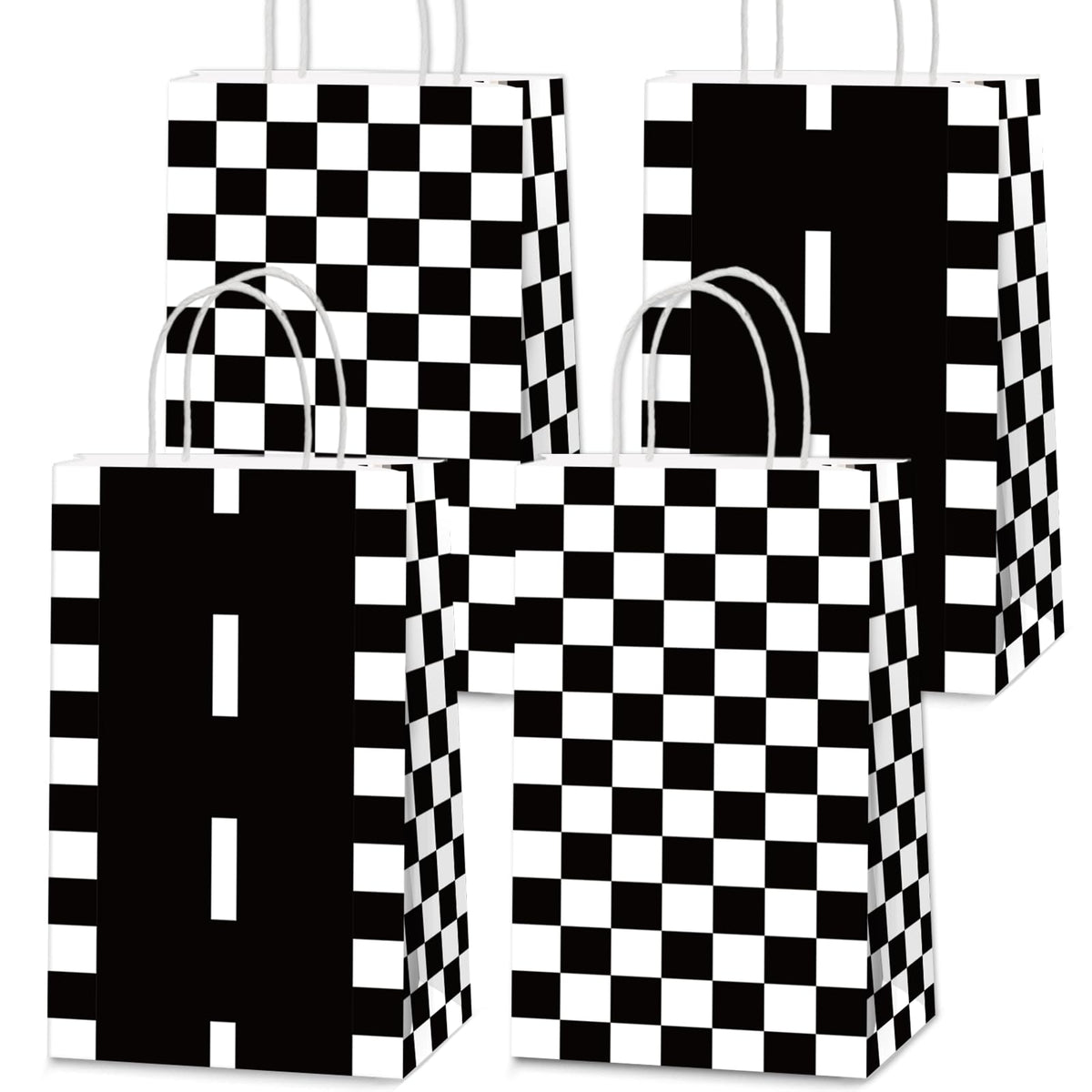 Qyeahkj 16Pcs Racing Car Treat Goodie Bags Black and White Checkered Gift Snacks Candy Party Favors Bags with Handles Racing Flag Bag for Kids Race Car Birthday Baby Shower Supplies 8.3 x 3.1 x 4.7