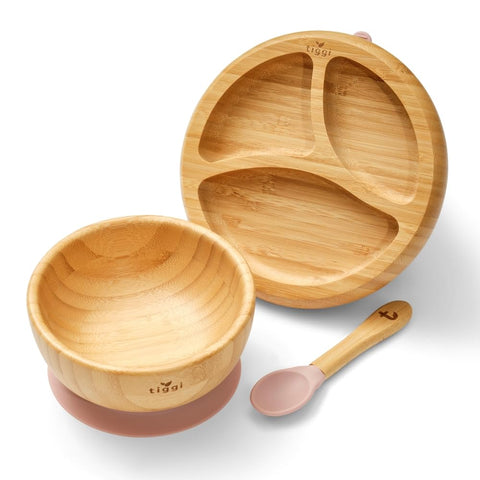 Tiggi Baby Weaning Set - Bamboo Suction Plates, Bowls, and More! Perfect Baby Suction Plate and Bowl Set - Ideal Weaning Gift Set for Your Little Ones Culinary Adventures (Dusky Pink)