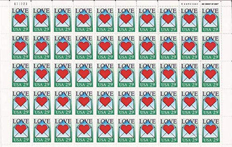 Love Heart Envelope Full Sheet of 50 x 29 cent US Postage Stamps Scot #2618