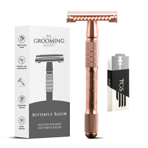 THE GROOMING SOCIETY Metal Double Edge Safety Razor, Butterfly Opening, Eco-Friendly, Smooth, Closed, With 10 Pack Replacement Blades, For Beginners Classic Manual Razor?Rose Gold?