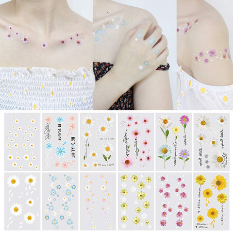 12 Sheets Daisy Tattoo, Summer Flower Temporary Tattoo Sticker for Women Lady Girls, Body Art on Arm Shoulder Wrist Face Clavicle