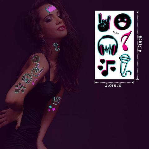 Konsait 10 Sheets Glow In The Dark Tattoos for Kids Adults, Safe and Easy to Use Neon Temporary Music Tattoos, Music Notes UV Blacklight Tattoos, Glow In The Dark Party Makeup Supplies Party Favors