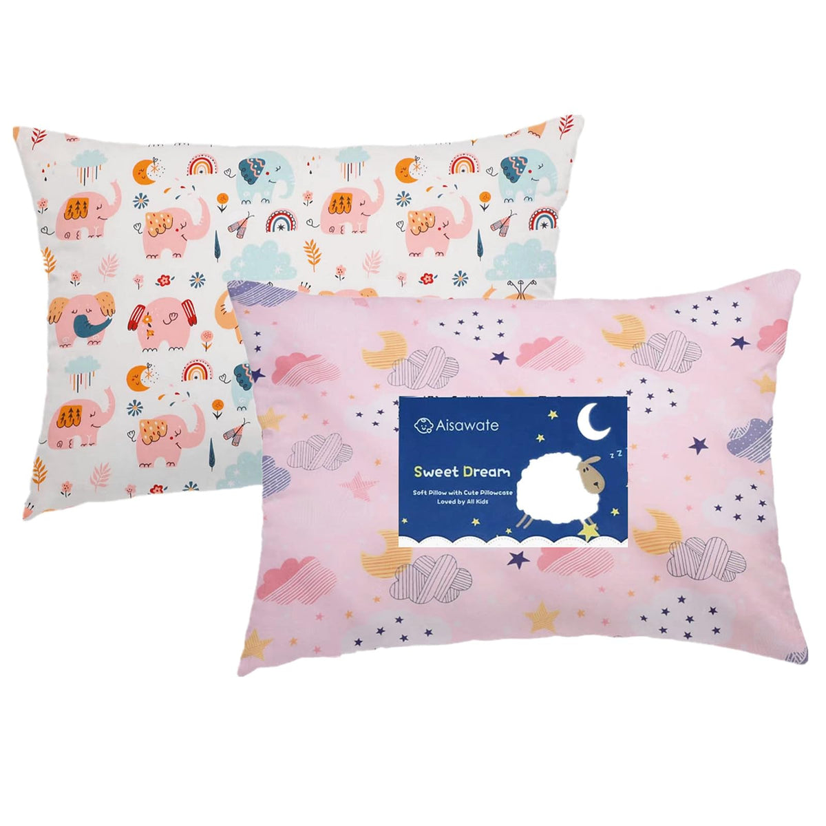 Baby Toddler Pillow Case 2 Pack 100% Cotton Pillow Cover - Cot Bed Pillow Pair Cases 40x60cm - Soft Baby Pillow Case for Girl Bedding - Gifts for Kids Travel Pillow Pillowcase?Elephant+Pink Cloud?