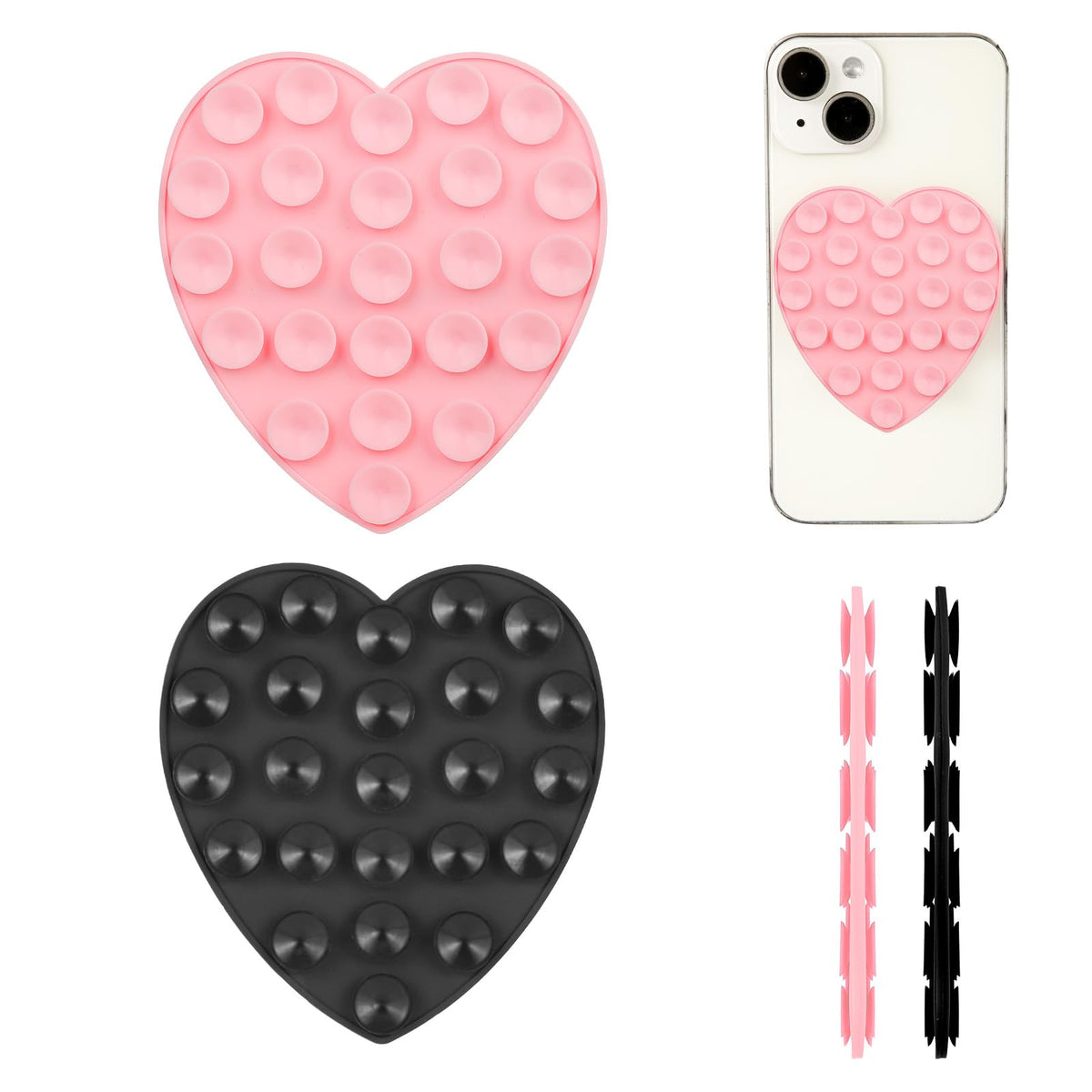 PEUTIER 2pcs Silicone Suction Phone Holder, Double Sided Suction Cup Phone Mount Heart Shaped Hand-Free Suction Phone Case Sweet Phone Sticky Grip for Mobile Devices Mirror Glass (Black, Pink)