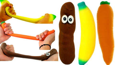 JA-RU Squishy Poop, Carrot & Stretchy Banana Fidget Toy (3 Squishies) Slow Rising Sand Filled Stress Toy. Funny Gag Gifts for Kids. Fidget Squeeze Toy. Banana Party Favors. 6448-3340-3342p