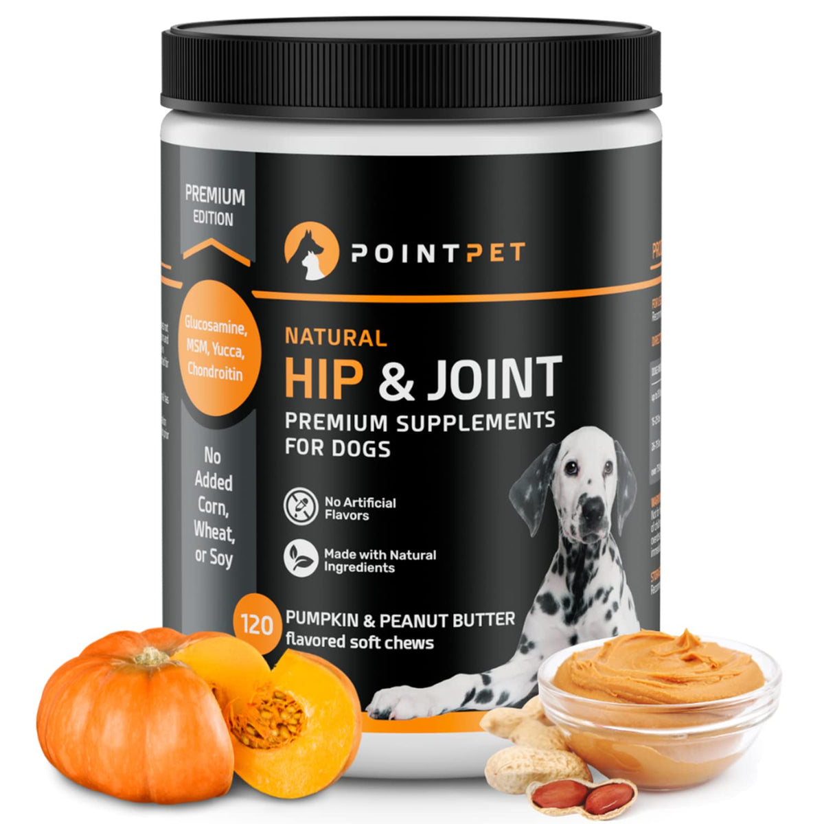 POINTPET Glucosamine for Dogs - Peanut Butter & Pumpkin Flavored Hip and Joint Supplement - Dog Mobility Soft Chews with Chondroitin & MSM for Hips and Joints with Omega 3, 120cnt