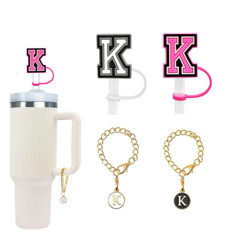 Erzgebirgische 2PCS Straw Cover Cap for Stanley Cup 30&40 Oz 10mm Straw Toppers with 2PCS Initial Personalized Letter Charms Stanley Cup Accessories for Stanley Tumbler (Letter K)