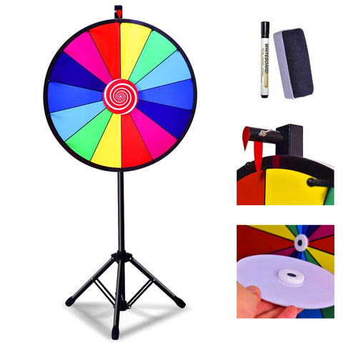 COSTWAY 18"/24" Color Prize Wheel, 14 Slots Fortune Roulette Spinning Game with Dry Erase, Metal Stand for Party Carnival Tradeshow (Rainbow, 24" Tripod Stand)