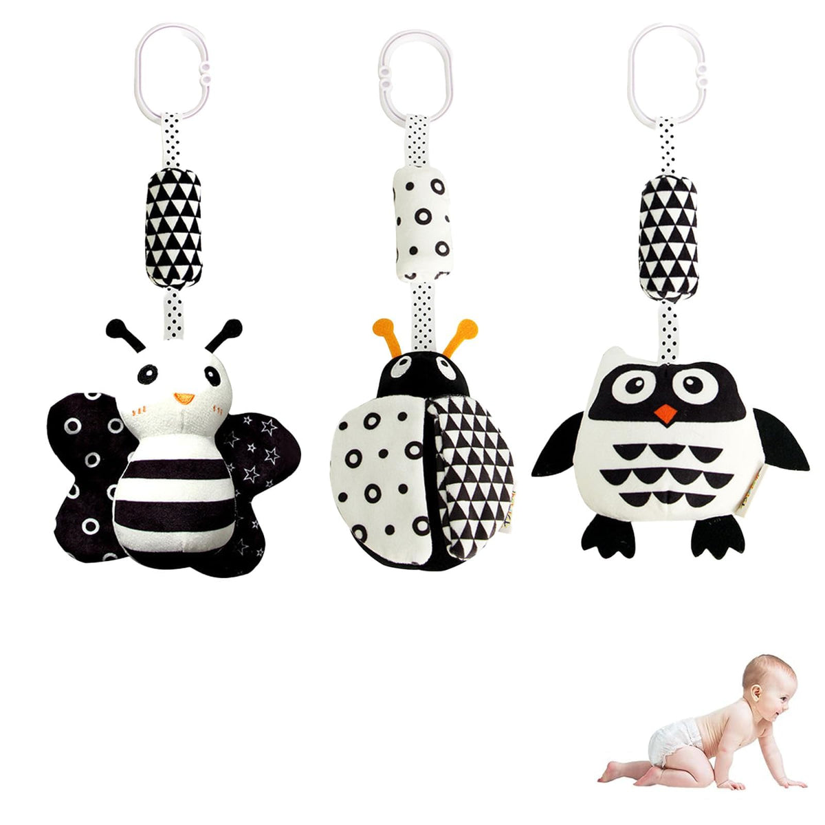 3PCS Baby Hanging Toys Baby Toys 6 To 12 Months Newborn Toys Pram Toys Hanging Toys for Babies High Contrast Baby Toys Black and White Baby Toys Newborn Sensory Toys Baby Gym Toys(Ladybug,Bee & Owl)