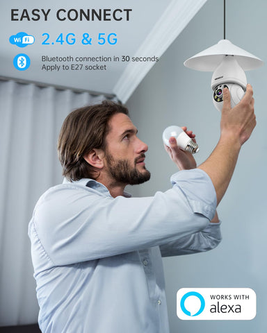 WESECUU Light Bulb Security Camera, 2.4G/5G WiFi Security Cameras Wireless Outdoor Indoor for Home Security, 2-Way Talk, Human Detection, Color Night Vision, Compatible with Alexa