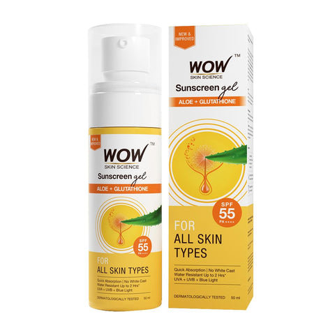 WOW Skin Science Sunscreen Gel For All Skin Types | SPF 55 PA++++ | With Glutathione & Aloe Vera Extract | Lightweight | Quick Absorbing | No White Cast | UVA & UVB Protection | 50 ml