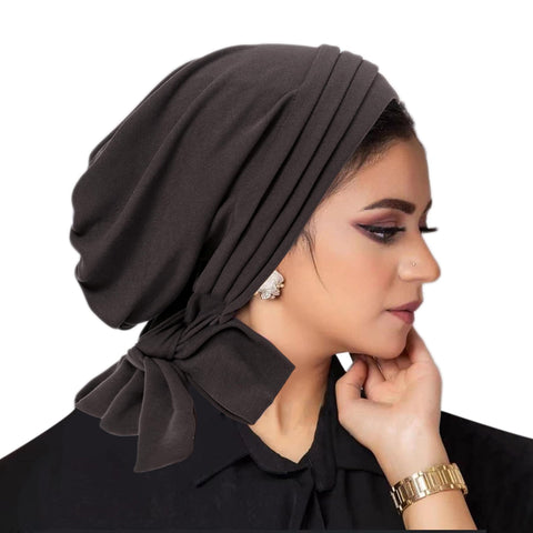 Suillty Women's Pre-Tied Muslim Hijab Bonnet Pleated Ruffle Turban Chemo Cap Underscarf Islamic Headwear Coffee