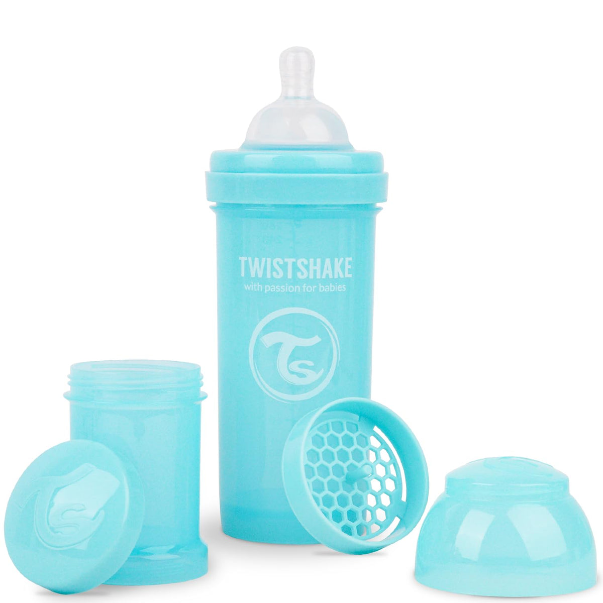 Twistshake Anti Colic Baby Bottles - Premium 260ml/8oz Bottles with 100ml Milk Storage Container for a Comfortable Feeding Experience for Baby Care - Pastel Blue