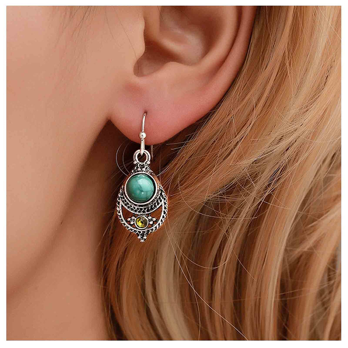 Yheakne Boho Ethnic Turquoise Drop Earrings Silver Teardrop Turquoise Earrings Gemstone Hook Earrings Retro Drop Dangle Earrings Jewelry for Women and Girls