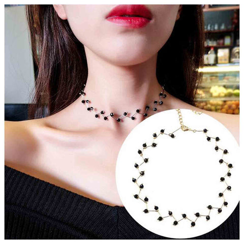 Yheakne Black Crystal Choker Necklace Short Black Beaded Choker Necklace Gold Chain Necklace Minimalist Necklace Jewelry for Women and Girls (Gold)