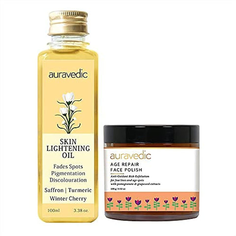 AURAVEDIC Age Spots Lightening Oil & Age Repair Cream Polish 100 Ml & 100 G Grapeseed Anti aging Scrub and Pigmentation face oil for glowing skin